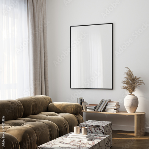 Frame mockup, ISO A paper size. Living room wall poster mockup. Interior mockup with house background. Modern interior design. 3D render

 photo