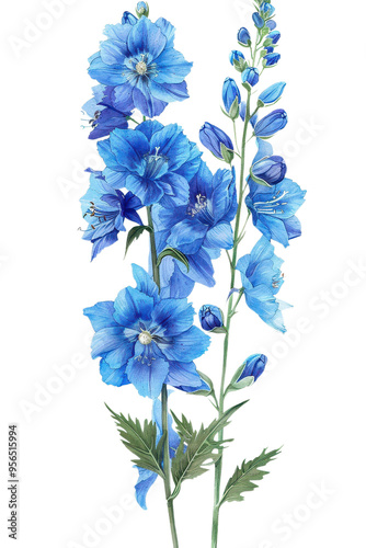 Beautiful vintage illustration of a Delphinium , flowering plant with blossoms and lush green leaves, watercolor art, PNG transparent background