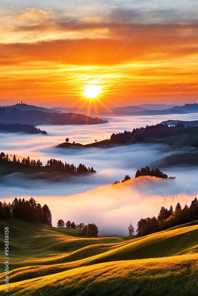 Obraz premium Breathtaking sunrise over rolling hills with mist, showcasing vibrant colors and serene landscapes, perfect for nature lovers and photographers.
