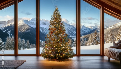 Tree in a Mountain Chalet A Christmas tree inside a cozy mountain chalet, visible through large glass windows overlooking snowy peaks.