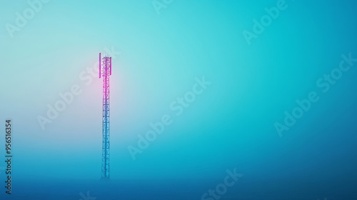 Abstract 5G antenna mast on a blue background, symbolizing telecommunication technology. 