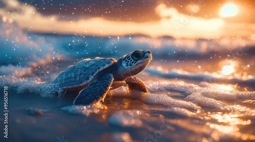 adorable baby sea turtle emerging from shell on moonlit beach bioluminescent waves starry sky soft pastel colors gentle lighting photo