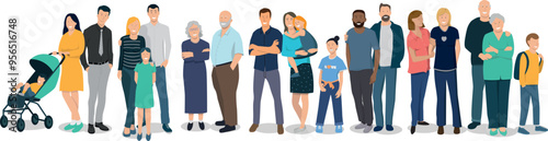 illustration vectorielle montrant des personnages, hommes, femmes, enfants, jeunes ou vieux, famille ou couple LGBT