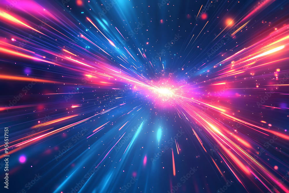 Dynamic abstract image of vibrant light trails and colorful particles converging towards a bright center, symbolizing speed and energy Dynamic abstract image of vibrant light trails and colorful particles converging towards a bright center, symbolizing speed and energy