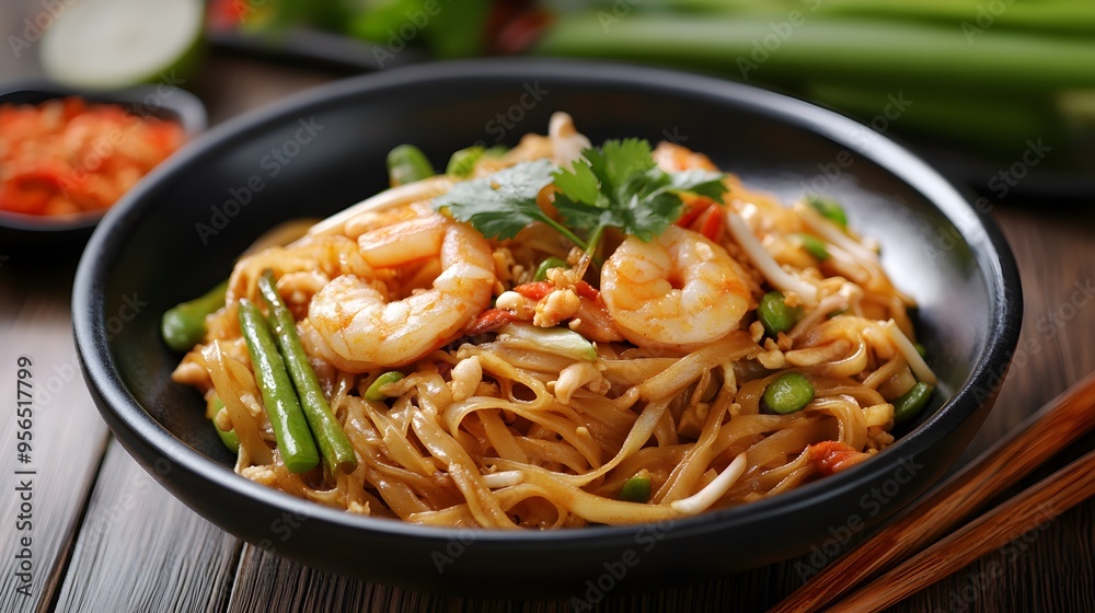 Delicious shrimp pad thai with fresh vegetables and herbs in black bowl Delicious shrimp pad thai with fresh vegetables and herbs in black bowl