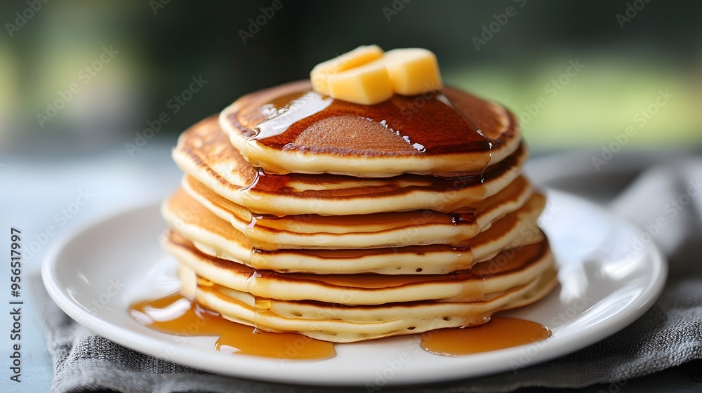 Stack of fluffy pancakes with syrup and butter on a plate Stack of fluffy pancakes with syrup and butter on a plate