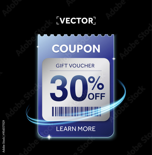 3d coupon with coupon code, percentage off, bar code, blue abstract wave around, isolated on black background. Gift voucher template for sale off promotion. 3d vector illustration. Vector illustration