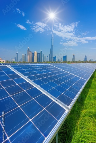 Wallpaper Mural Solar panels gleaming under the sun with Dubai skyline in the background on a clear day Torontodigital.ca