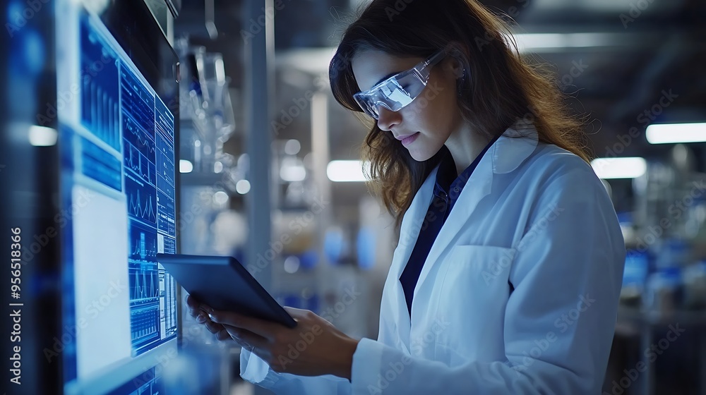 Female chemist tapping on digital tablet displaying scientific experiment data and charts on a virtual screen in lab Biochemical and medical industry research : Generative AI Female chemist tapping on digital tablet displaying scientific experiment data and charts on a virtual screen in lab Biochemical and medical industry research : Generative AI