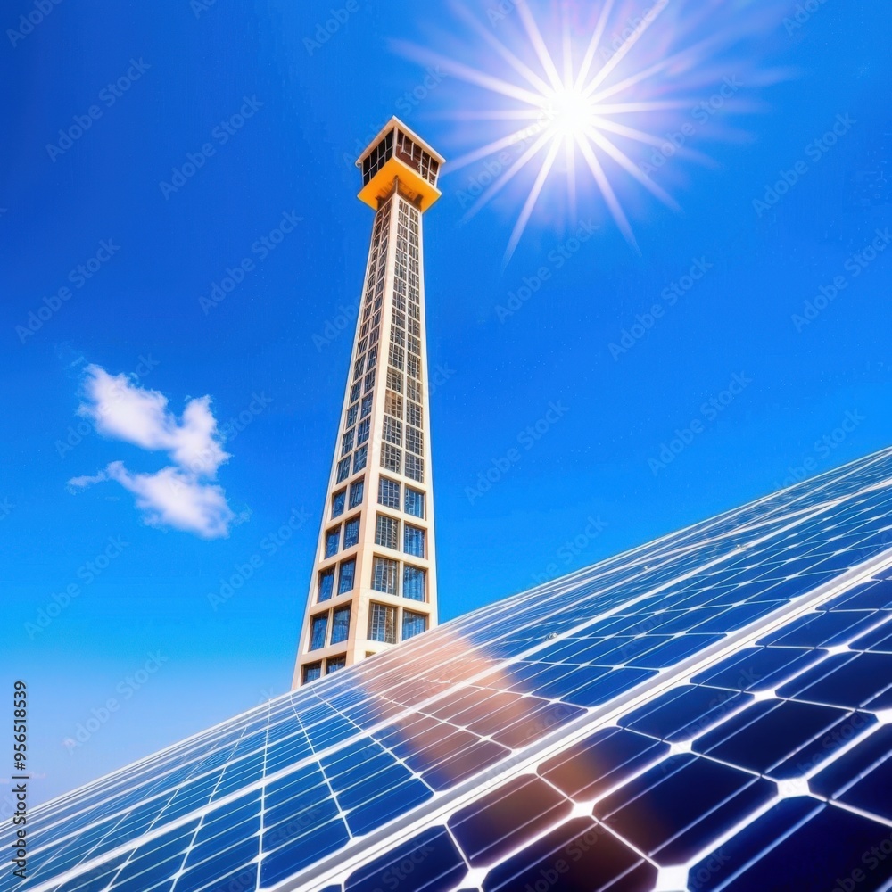 Golden tower reaches for the sun with solar panels glimmering beneath a clear blue sky Golden tower reaches for the sun with solar panels glimmering beneath a clear blue sky
