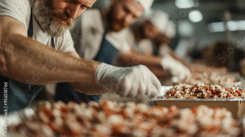 Men and women are seen wearing gloves and working diligently in a kitchen, focusing on preparing and organizing meals for distribution, showcasing dedication and care.