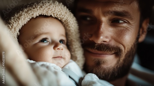 A man, probably a father, looks lovingly at his baby in a close-up shot, both seated in a car. Their heartwarming expressions hint at a deep, cherished connection and love. photo