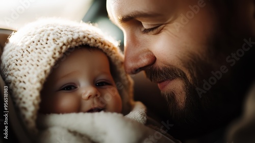 A heartwarming close-up of a baby and a bearded man, possibly a father, smiling at each other face to face in a car. The moment reflects pure joy and a deep bond. photo