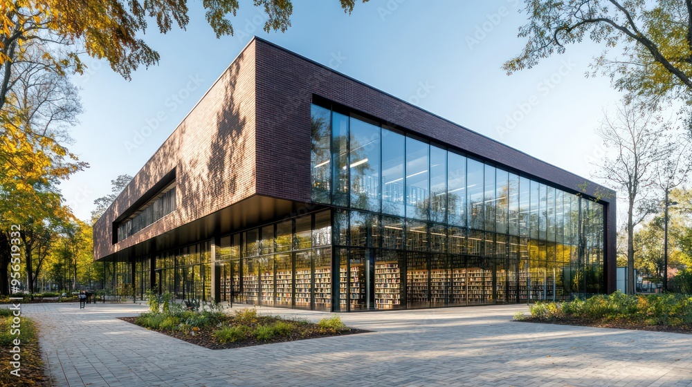 contemporary public library with a brick and glass exterior, integrated into a vibrant city park contemporary public library with a brick and glass exterior, integrated into a vibrant city park