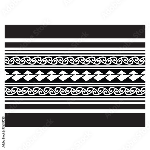 Polynesian pattern tribal tattoo border. Tribal tattoo geometric fore arm samoan band. Tattoo eps forearm samoan sleeve bracelet. Fabric seamless isolated hawaiian pattern on white background.