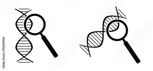 DNA with magnifying glass. DNA string, double helix spiraal line. RNA gene chromosome elements, medic atom cell. Medical concept of biochemistry with dna molecule. Analysis test tools. Search data.