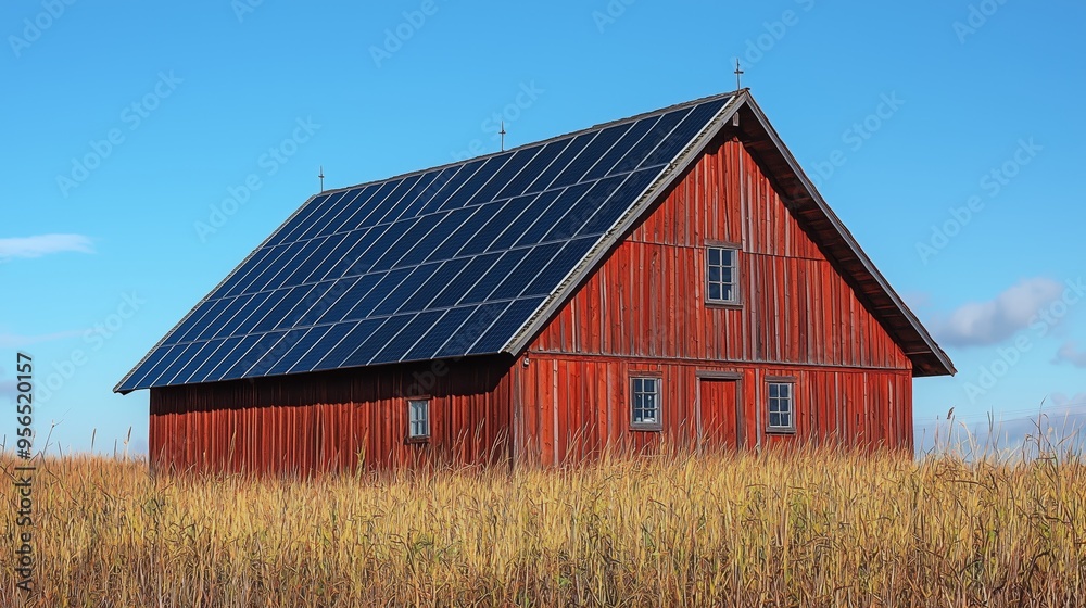A red barn equipped with solar panels stands in a golden field under a clear sky, blending traditional architecture with modern technology.