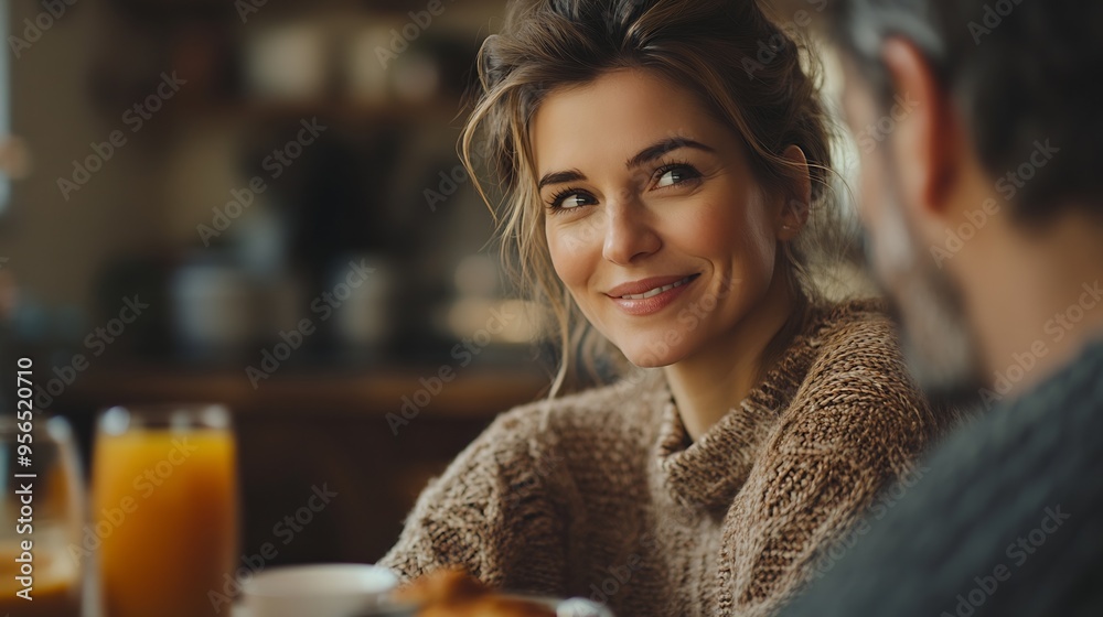 Happy woman with arm around man having breakfast at home : Generative AI Happy woman with arm around man having breakfast at home : Generative AI