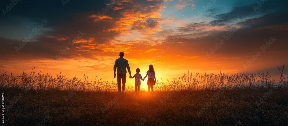 Fototapeta premium Family Holding Hands at Sunset in a Scenic Field with Dramatic Sky and Vibrant Colors