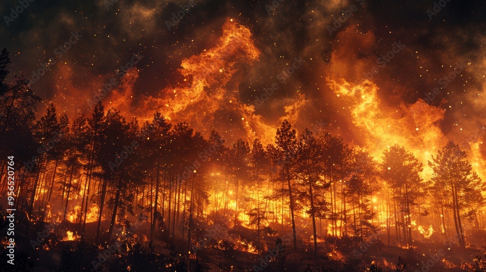 Intense Wildfire in Pine Forest Intense Wildfire in Pine Forest