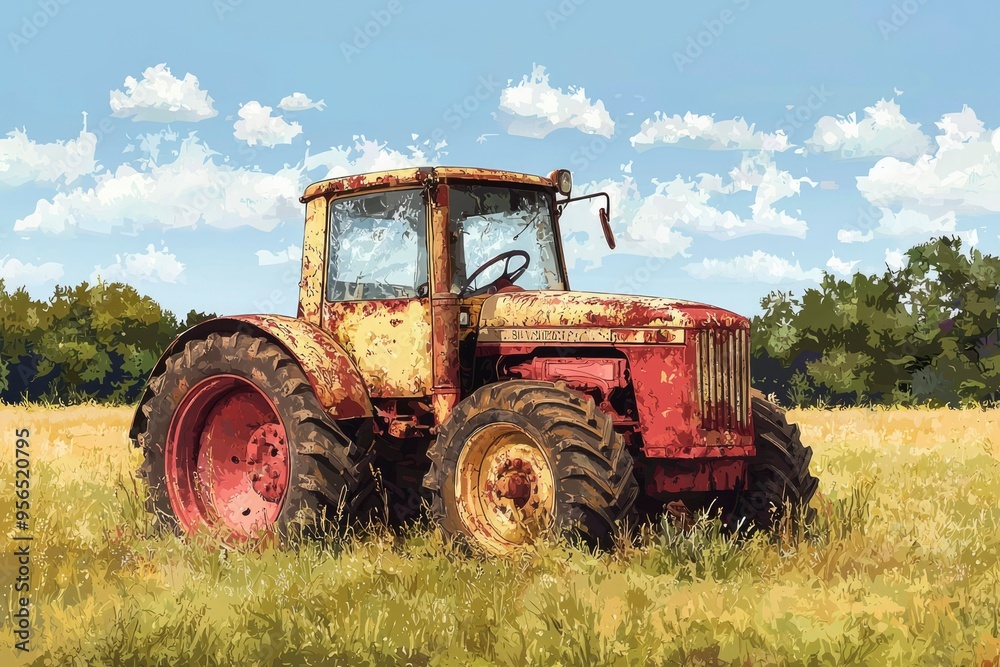 Rusted Farm Tractor Parked in a Field of Grass