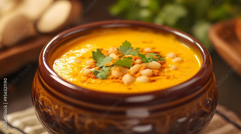 Creamy pumpkin soup with croutons and fresh herbs for a cozy autumn meal Creamy pumpkin soup with croutons and fresh herbs for a cozy autumn meal