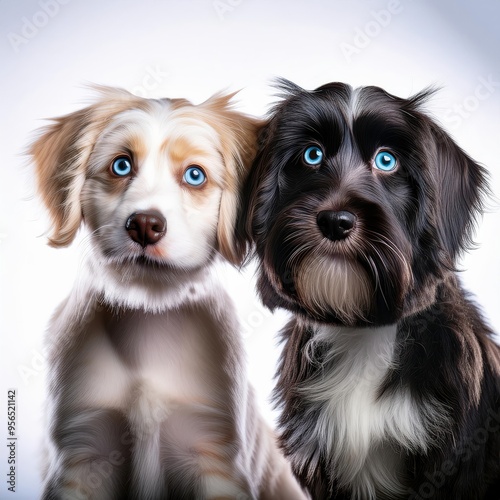 Two black and white dogs with blue eyes are sitting together