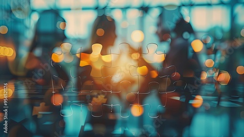 Abstract Puzzle Pieces with Blurred Background of People and Lights
