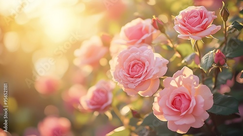 Sunny flower floral soft roses sunbeam blossom blurred background Sunbeam shining through Pastel pink roses romance bloom spring season soft ray light Petals blossom in beautiful garde : Generative AI