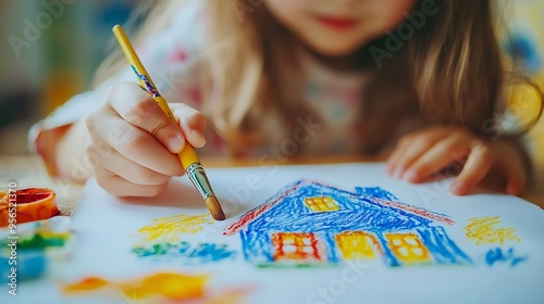 Childs hand drawing home with brush watercolor paints and different stationery on white background : Generative AI