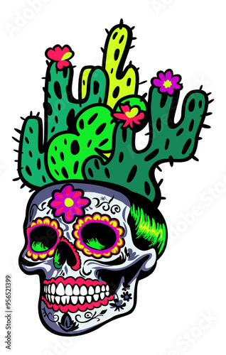 Mexican skull with cacti on top. Bright vector isolated illustration
