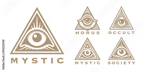 Collection of all-seeing eye pyramid symbols set featuring mystical and occult designs. Perfect for vector logos and conceptual illustrations. Esoteric Horus design elements.