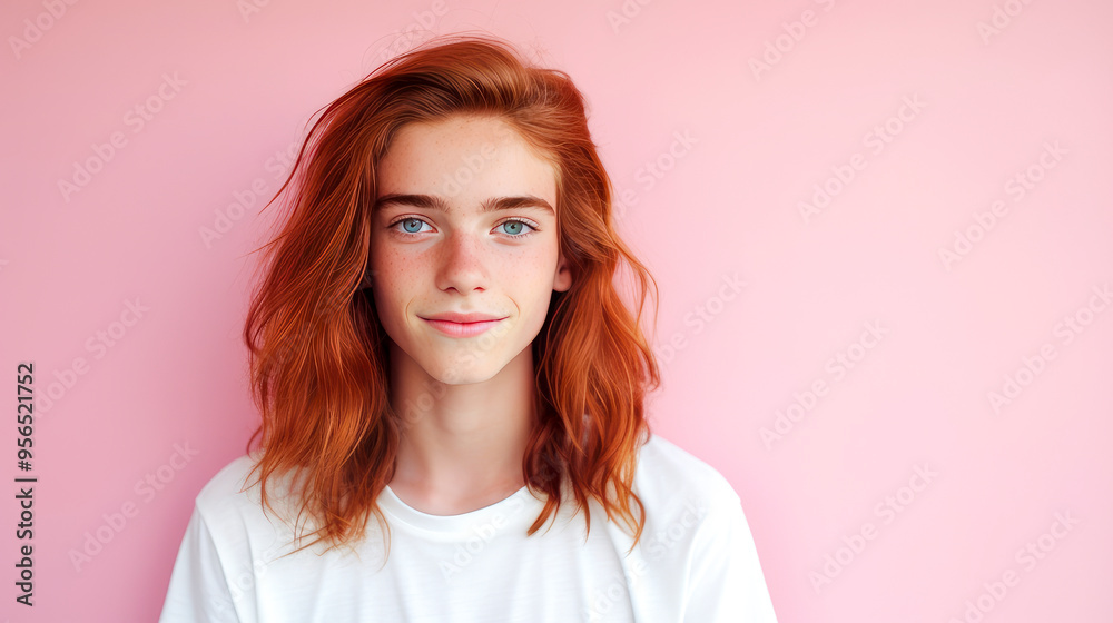 Portrait of a happy smiling red-haired, long haired confident teenage guy with perfect skin, pink background, banner. Portrait of a happy smiling red-haired, long haired confident teenage guy with perfect skin, pink background, banner.