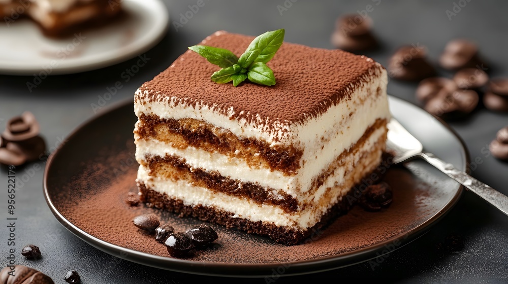 Decadent tiramisu slice with cocoa dusting and fresh mint garnish on dark plate Decadent tiramisu slice with cocoa dusting and fresh mint garnish on dark plate