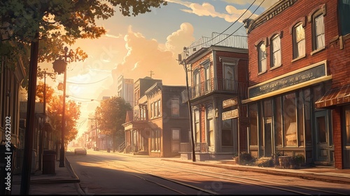 Classic wild west town with vintage buildings, deserted streets, and a warm sunset casting long shadows, creating a timeless scene reminiscent of historic American frontier settlements.