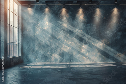 An empty room with a gray wall is illuminated by a row of spotlights in a stock photo  photo