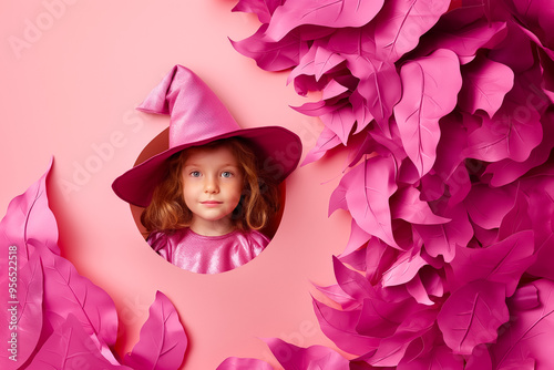 A child dressed as a witch with a pink hat and costume peeks through a circular hole, framed by colorful pink leaves, capturing the Halloween spirit with creativity