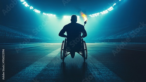 Paralympic athlete in sports wheelchair carrying torch, facing forward on track, stadium lights, para sports concept