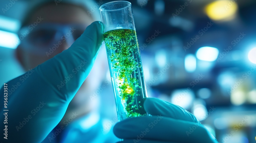 Scientist holding a sample of bacteria in a test tube conducting medical research and healthcare study Doctor wearing gloves examining a legionella sample up close as part of a scientific e