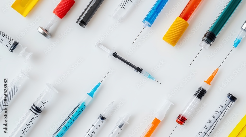 A collection of various syringes and needles arranged neatly on a white surface for medical purposes and healthcare use