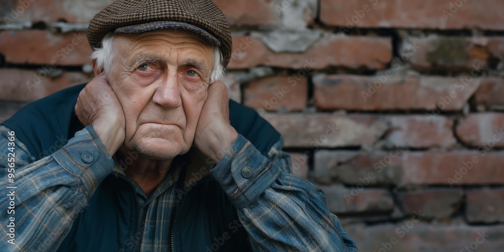 Fototapeta premium An elderly man in a checkered shirt and flat cap sits against a brick wall, resting his face in his hands, deep in thought, portraying contemplative mood in rustic setting.