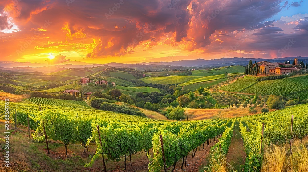 Fototapeta premium Tuscan Landscape with Vineyards and a Sunset Sky