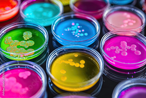 A Symphony of Science: Vibrant Bacteria Cultures Bloom in Petri Dishes, Unveiling the Hidden World of Microbes.