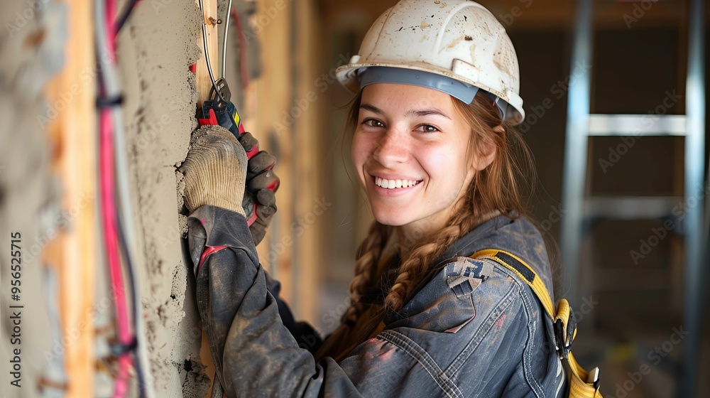 Female Construction Worker Using a Tool Female Construction Worker Using a Tool