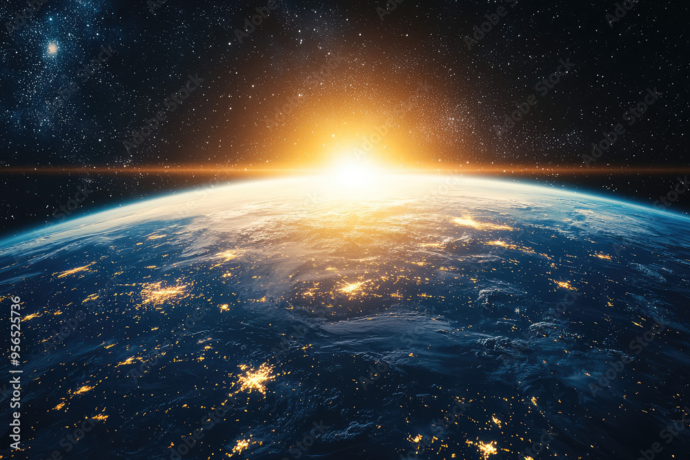 A celestial spectacle: Earth bathed in golden sunlight, with stars twinkling in the vastness of space. A celestial spectacle: Earth bathed in golden sunlight, with stars twinkling in the vastness of space.