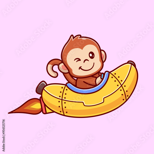 Photography Cute Monkey Riding Rocket Banana Cartoon Vector Icon
Illustration