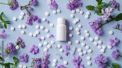 Seasonal spring allergy mockup Pills and nasal spray flat lay with purple pink flowers Medicine for allergic people Top view Space : Generative AI