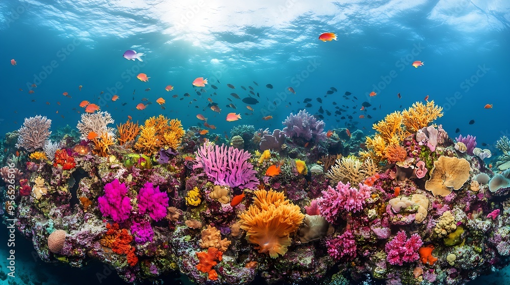 Naklejka premium A healthy biodiverse coral reef thrives in the waters near Alor Indonesia This remote region part of the Lesser Sunda Islands is known for both marine biological diversity and active v : Generative AI