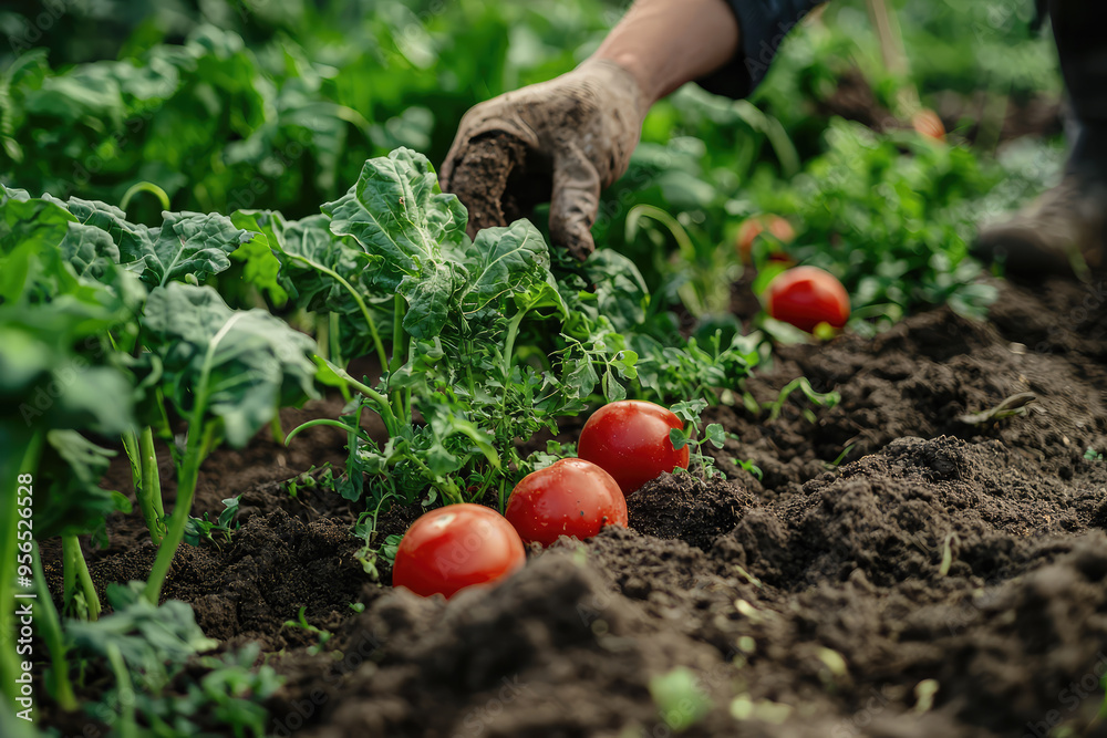 Freshly Ripe: A Farmer's Hand Gently Reaches for Vibrant Tomatoes Freshly Ripe: A Farmer's Hand Gently Reaches for Vibrant Tomatoes