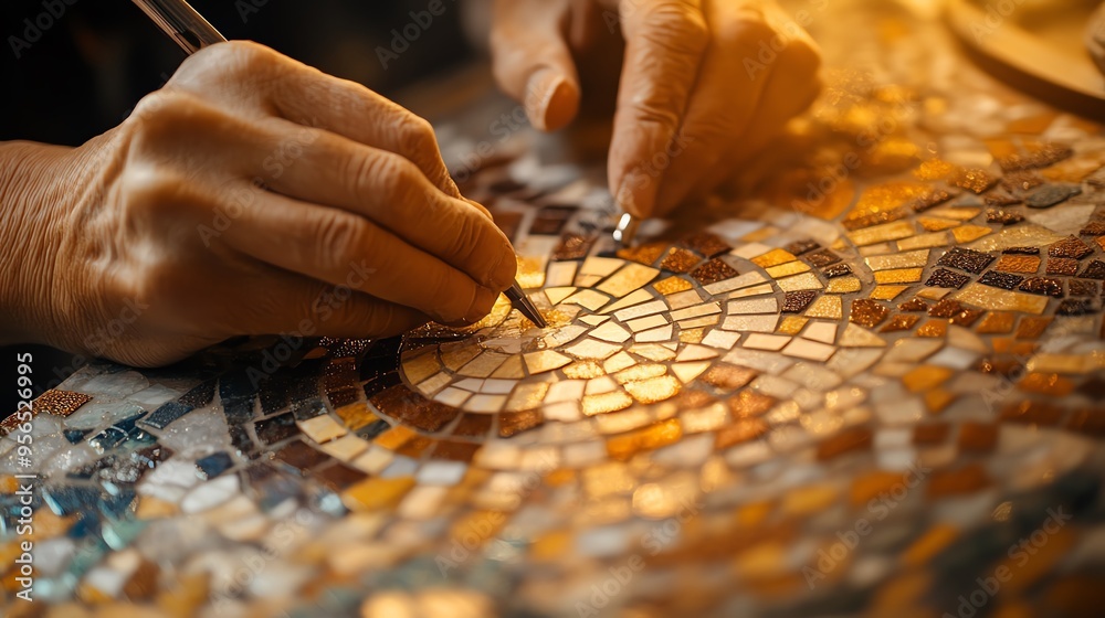 Artisan crafting a mosaic, detailed hands at work, soft warm light, closeup, representing precision and creativity Artisan crafting a mosaic, detailed hands at work, soft warm light, closeup, representing precision and creativity